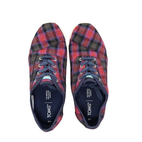 Toms Shoes Womens 8 Sneaker Cordones Indio Casual Fashion Plaid Red Blue Lace Up - Picture 5 of 13